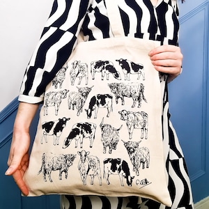 Cows Cotton Tote Bag | Hand Drawn Design | Natural Cotton Tote Bags | Screen Printed Canvas Cloth | Cute Animal | Dairy Cows, Highland, Farm