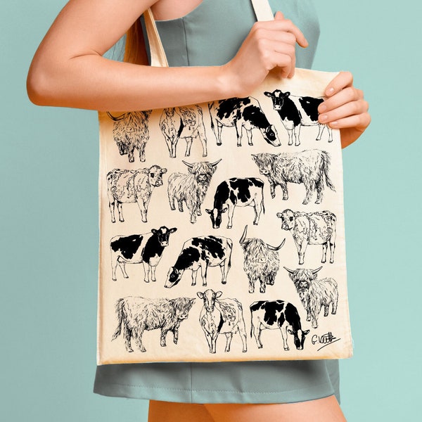 fourre-tout en coton vaches | Dessin dessiné à la main | fourre-tout en coton naturel | Toile imprimée sérigraphiée | Animal mignon | Vaches Laitières, Highland, Ferme