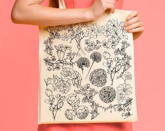 Flowers Cotton Tote Bag | Hand Drawn Design | Natural Cotton Tote Bags | Screen Printed Canvas Cloth | Cute | Botanical Roses Floral Sweet