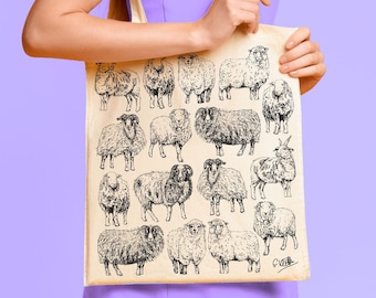 Sheep Cotton Tote Bag | Hand Drawn Design | Natural Cotton Tote Bags | Screen Printed Canvas Cloth | Cute Animal | Farm, Woolly, Fluffy