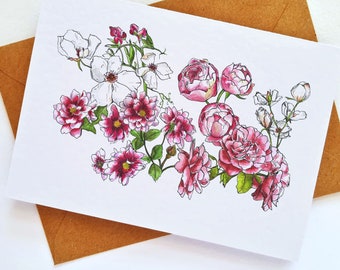 Pink Floral Card - By Artist Gemma Keith - Personalised - Customised - Birthday Card - Blank Card - Flowers Card - Handmade - Botanical