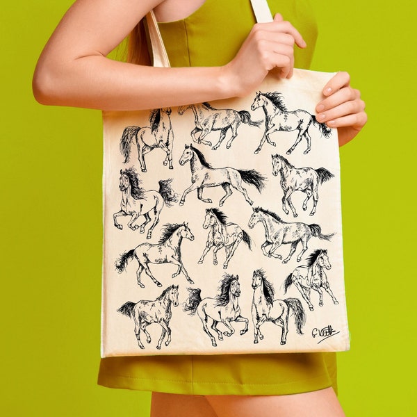 Horses Cotton Tote Bag | Hand Drawn Design | Natural Cotton Tote Bags | Screen Printed Canvas Cloth | Cute Animal | Pony, Ponies Horse Lover