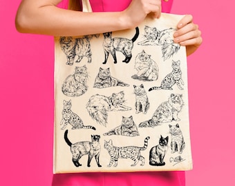 Cats Cotton Tote Bag | Hand Drawn Design | Natural Cotton Tote Bags | Screen Printed Canvas Cloth | Cute Animal | Pets, Cat Owner Cat Lover