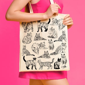 Cats Cotton Tote Bag Hand Drawn Design Natural Cotton Tote Bags Screen Printed Canvas Cloth Cute Animal Pets, Cat Owner Cat Lover image 1