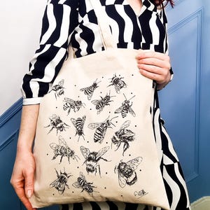 Bee Cotton Tote Bag | Hand Drawn Design | Natural Cotton Tote Bags | Screen Printed Canvas Cloth | Cute Animal | Bumble Bee, Garden, Insect