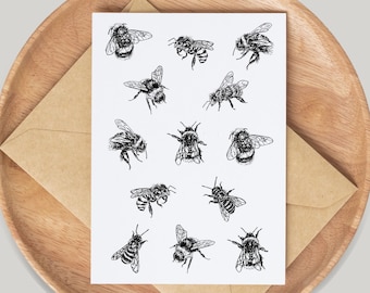 Bees Card - Hand Drawn by Artist Gemma Keith - Greetings Card - Notecards - Birthday Card - Blank Card - Wildlife, Animals, Cute, Honeybee