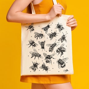 Bee Cotton Tote Bag | Hand Drawn Design | Natural Cotton Tote Bags | Screen Printed Canvas Cloth | Cute Animal | Bumble Bee, Garden, Insect