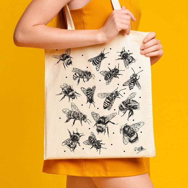 Bee Cotton Tote Bag | Hand Drawn Design | Natural Cotton Tote Bags | Screen Printed Canvas Cloth | Cute Animal | Bumble Bee, Garden, Insect