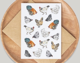 Chickens, Hens Card - Hand Drawn by Artist Gemma Keith - Greetings Card - Notecards - Birthday Card - Blank Card - Wildlife, Animals, Cute,