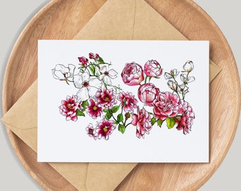 Pink Floral Card - By Artist Gemma Keith - Personalised - Customised - Birthday Card - Blank Card - Flowers Card - Handmade - Botanical