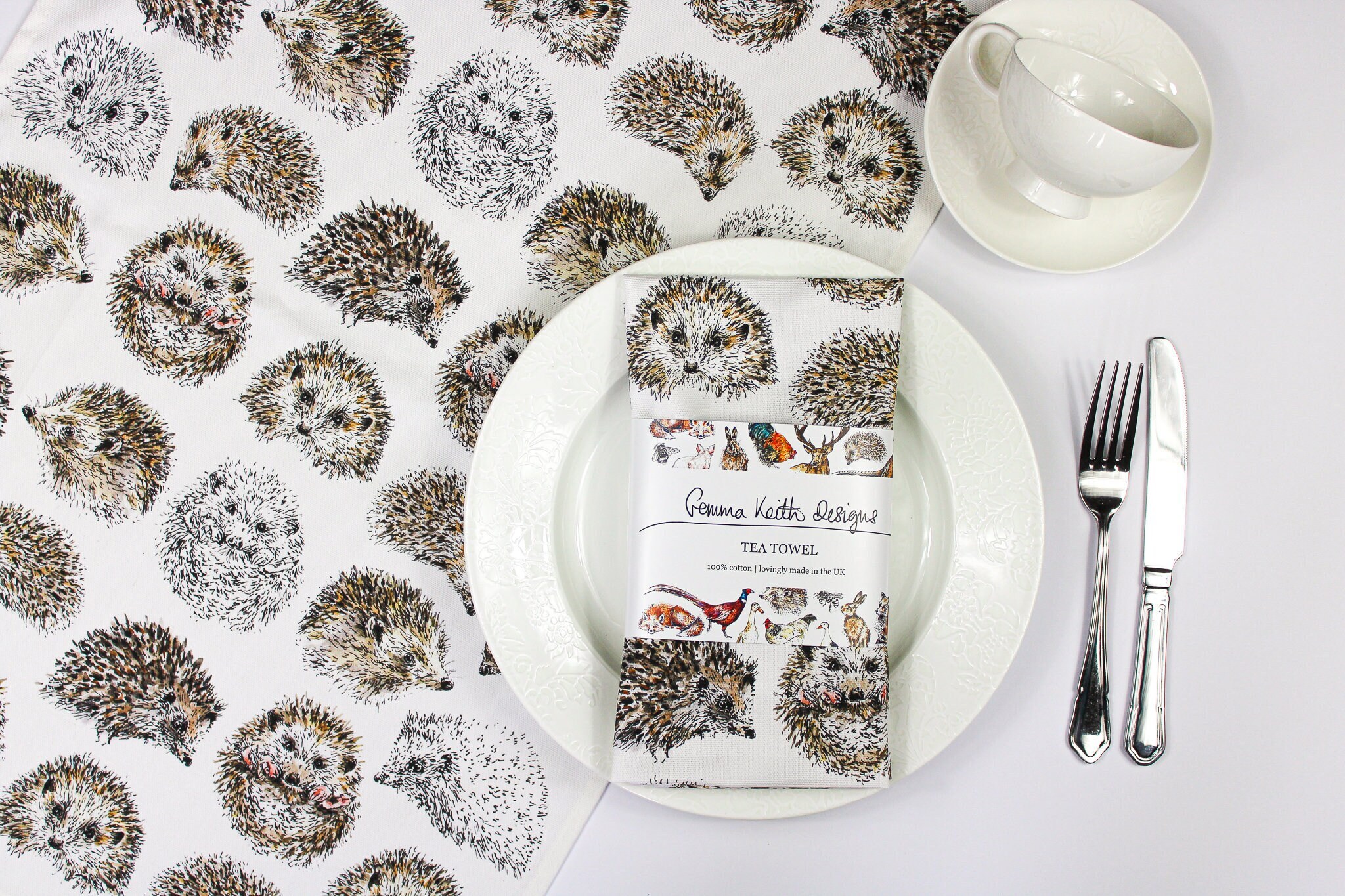Artisan Tea Towel Hedgehog Cotton British Country Drawing English