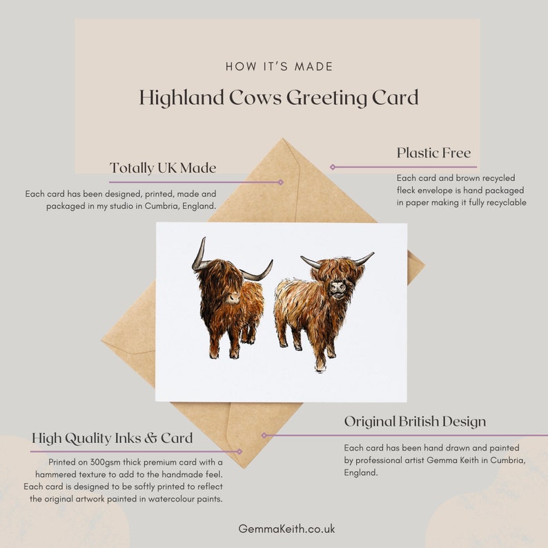 Pu&ograve; includere: Un biglietto d'auguri con un'illustrazione ad acquerello di due mucche delle Highlands. La carta &egrave; stampata su cartoncino premium da 300 g/m&sup2; con una texture martellata. Il testo "Totally UK Made" e "Plastic Free" &egrave; stampato sulla carta. La carta &egrave; progettata per essere stampata delicatamente per riflettere l'opera d'arte originale dipinta ad acquerello.