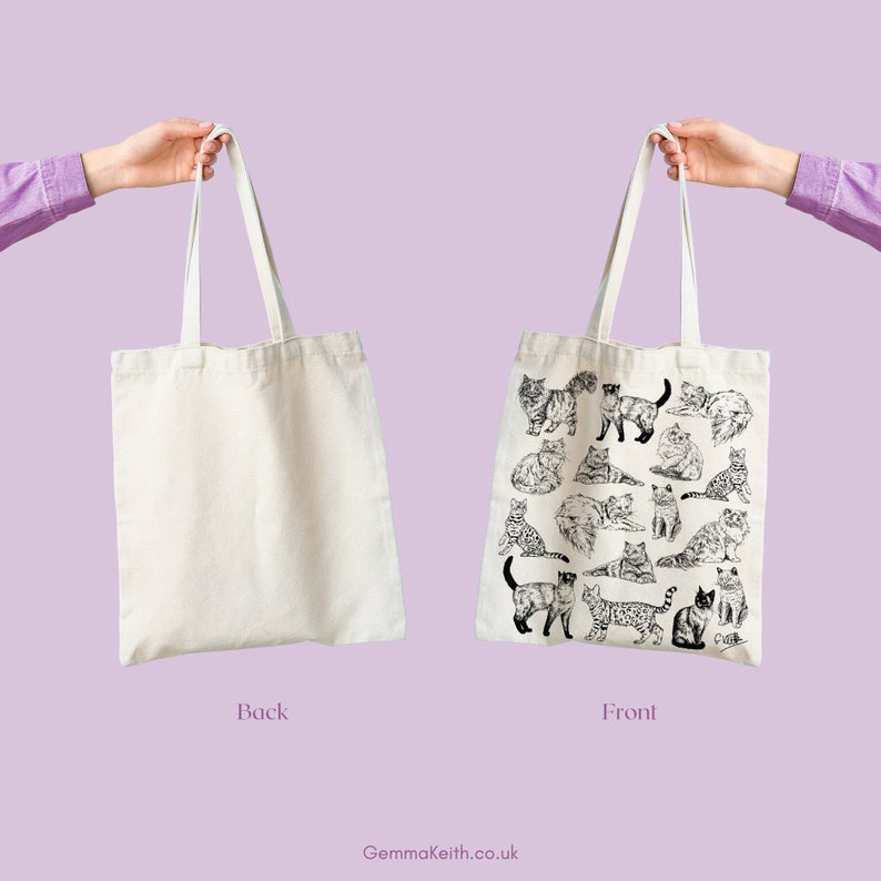 Cats Cotton Tote Bag Hand Drawn Design Natural Cotton Tote Bags Screen Printed Canvas Cloth Cute Animal Pets, Cat Owner Cat Lover image 3