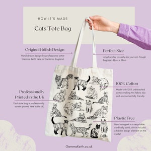 Cats Cotton Tote Bag Hand Drawn Design Natural Cotton Tote Bags Screen Printed Canvas Cloth Cute Animal Pets, Cat Owner Cat Lover image 2