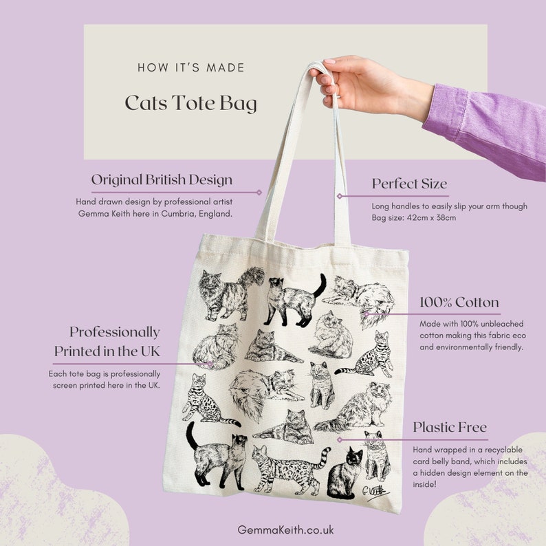 Cats Cotton Tote Bag Hand Drawn Design Natural Cotton Tote Bags Screen Printed Canvas Cloth Cute Animal Pets, Cat Owner Cat Lover image 2