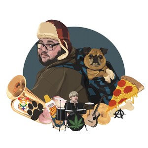 May include: A man wearing a brown hat and glasses is carrying a pug in a blue and white patterned sling.  He is standing in front of a blue circle.  There is a yellow trumpet, a pizza slice, a drum set, a guitar, a marijuana leaf, and a jar of Easy Cheese in the foreground.