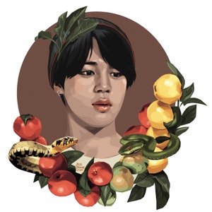 May include: A digital illustration of a person with black hair wearing a leafy crown and a white shirt. The person is surrounded by red and yellow fruit, green leaves, and two snakes.