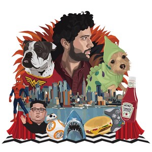 May include: A digital illustration of a man with curly hair, a red shirt, and a beard. He is surrounded by various pop culture icons, including a bulldog wearing a Wonder Woman costume, a small dog wearing a green dinosaur costume, a shark, a Star Wars character, a video game controller, a hamburger, a bottle of ketchup, and a cityscape. The image is set against a red and black background.