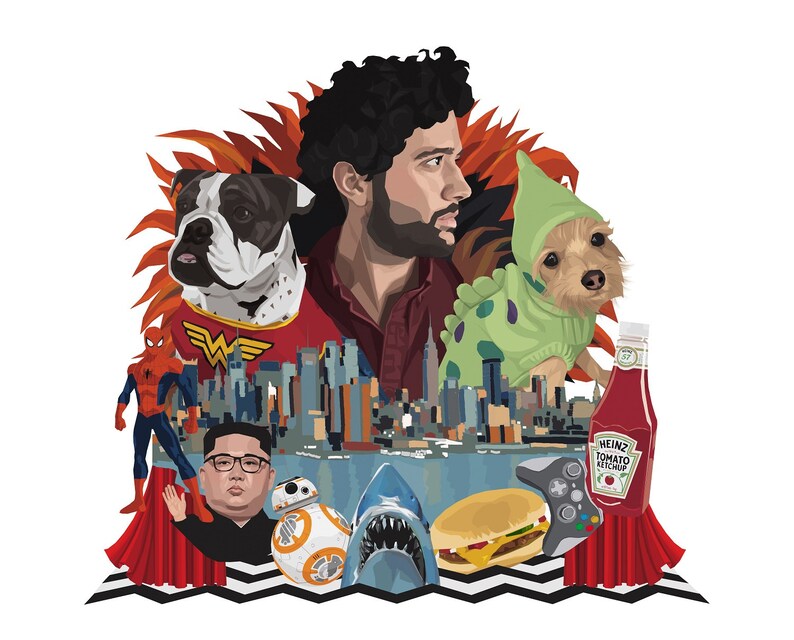 May include: A digital illustration of a man with curly hair, a red shirt, and a beard. He is surrounded by various pop culture icons, including a bulldog wearing a Wonder Woman costume, a small dog wearing a green dinosaur costume, a shark, a Star Wars character, a video game controller, a hamburger, a bottle of ketchup, and a cityscape. The image is set against a red and black background.
