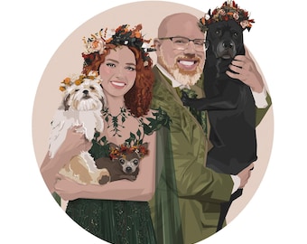 Retrato personalizado, regalo de San Valentín, dibujo de perro familiar, caprichoso, pintura de pareja, descarga digital hecha a mano, regalo personalizado.