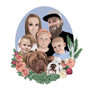 May include: A family portrait featuring two parents, two children, and two dogs. The family is positioned in front of a blue backdrop with flowers and greenery surrounding them. The parents are smiling and the children are looking towards the camera. The dogs are seated in front of the family.