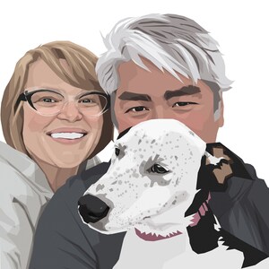 May include: A couple with grey and blonde hair are smiling and holding a white and black spotted dog with brown ears. The dog is wearing a pink collar.