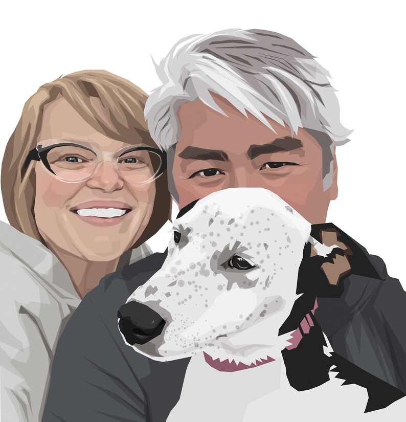May include: A couple with grey and blonde hair are smiling and holding a white and black spotted dog with brown ears. The dog is wearing a pink collar.