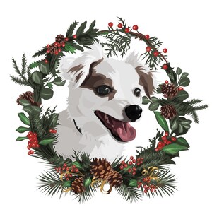 May include: A white and brown dog with a red tongue is looking to the right. The dog is surrounded by a green Christmas wreath with red berries and pine cones.