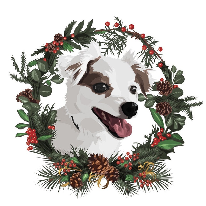 May include: A white and brown dog with a red tongue is looking to the right. The dog is surrounded by a green Christmas wreath with red berries and pine cones.