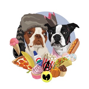 May include: Two Boston Terrier dogs wearing hats and surrounded by various food items, including pizza, popcorn, hot dogs, doughnuts, cupcakes, and a pumpkin. The dogs are wearing a pink crown and a black and white winter hat. The image also includes a Wu-Tang Clan logo, an Avengers logo, and a container of whipped cream.