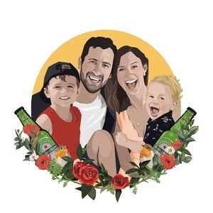 May include: An illustrated family portrait with a yellow background. A man, woman, and two children are smiling. The family is surrounded by green leaves, red flowers, and two green beer bottles with the Heineken logo.