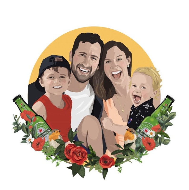 May include: An illustrated family portrait with a yellow background. A man, woman, and two children are smiling. The family is surrounded by green leaves, red flowers, and two green beer bottles with the Heineken logo.