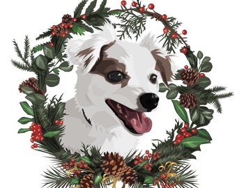 Custom PET portrait, Cute Valentine's day, Dog or cat drawing, Family gift illustration, Puppy painting, Holiday wreath, Human made
