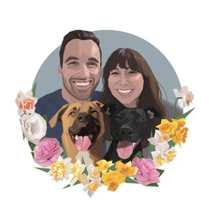 May include: A couple with two dogs surrounded by a floral wreath of white and yellow daffodils, pink roses, and green leaves. The couple are smiling and the dogs are looking at the camera.
