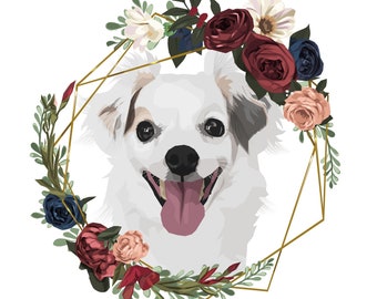 May include: A white dog with brown and black markings peeks out from a floral wreath. The wreath is made of burgundy, pink, and blue flowers with green leaves and gold geometric accents.