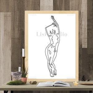 Könnte beinhalten: Eine Schwarzweiß-Linienzeichnung einer Person in stehender Pose mit einem Arm über dem Kopf.