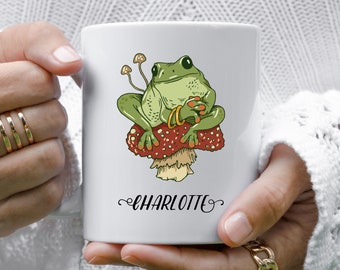 Frog Mug, Mushroom Mug, Frog Gifts, Nature Lover Gift, Personalized Gift for Her, Toadstool Mug, Cottagecore Decor, Woodland Animal, Hygge