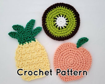 Fruit Coasters Crochet Pattern, Pineapple, Peach, Kiwi Slice, Tropical Fruit Pattern