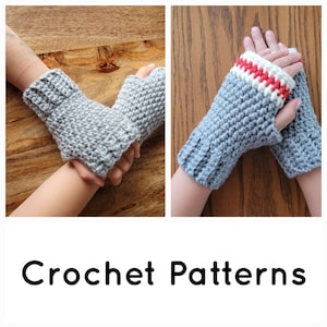 May include: Two pairs of gray fingerless crochet gloves. One pair has a red and white stripe detail.