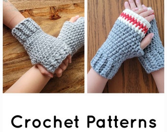 Crochet Kids Fingerless Mitts Pattern, Sock Monkey Mittens (PDF Pattern)