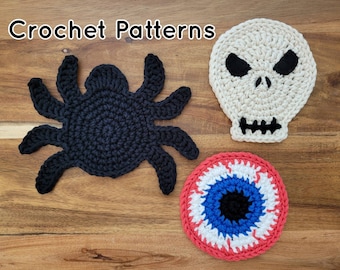 Halloween Coaster Crochet Patterns, Skull, Spider, Eyeball (PDF Pattern)