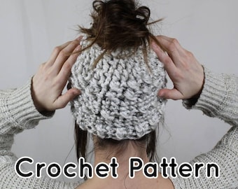 Crochet Messy Bun Beanie Hat Pattern, Two Sizes (PDF Pattern)