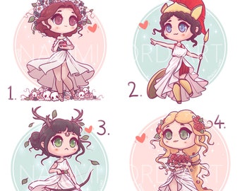 Kawaii Greek Goddesses, Persephone, Athena, Artemis and Aphrodite, Stickers and/ or Prints (6x6 or 8x8")