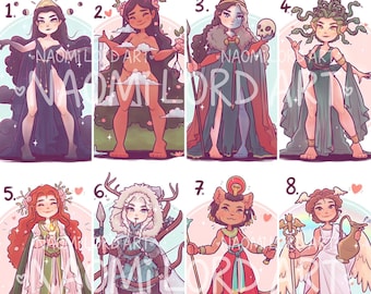 Cute Goddesses Pt 3! Stickers and/ or Prints (6x6" or 8x8" approx) Nyx, Pachamama, Hel, Medusa, Brigid, Skadi, Sekhmet, Iris