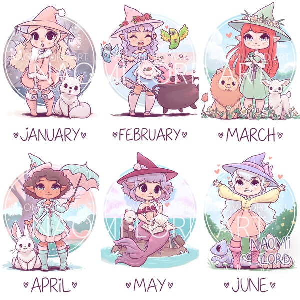 Kawaii Monthly Witches Stickers and/or Prints (6x8/A5 or 8x10"/A4)