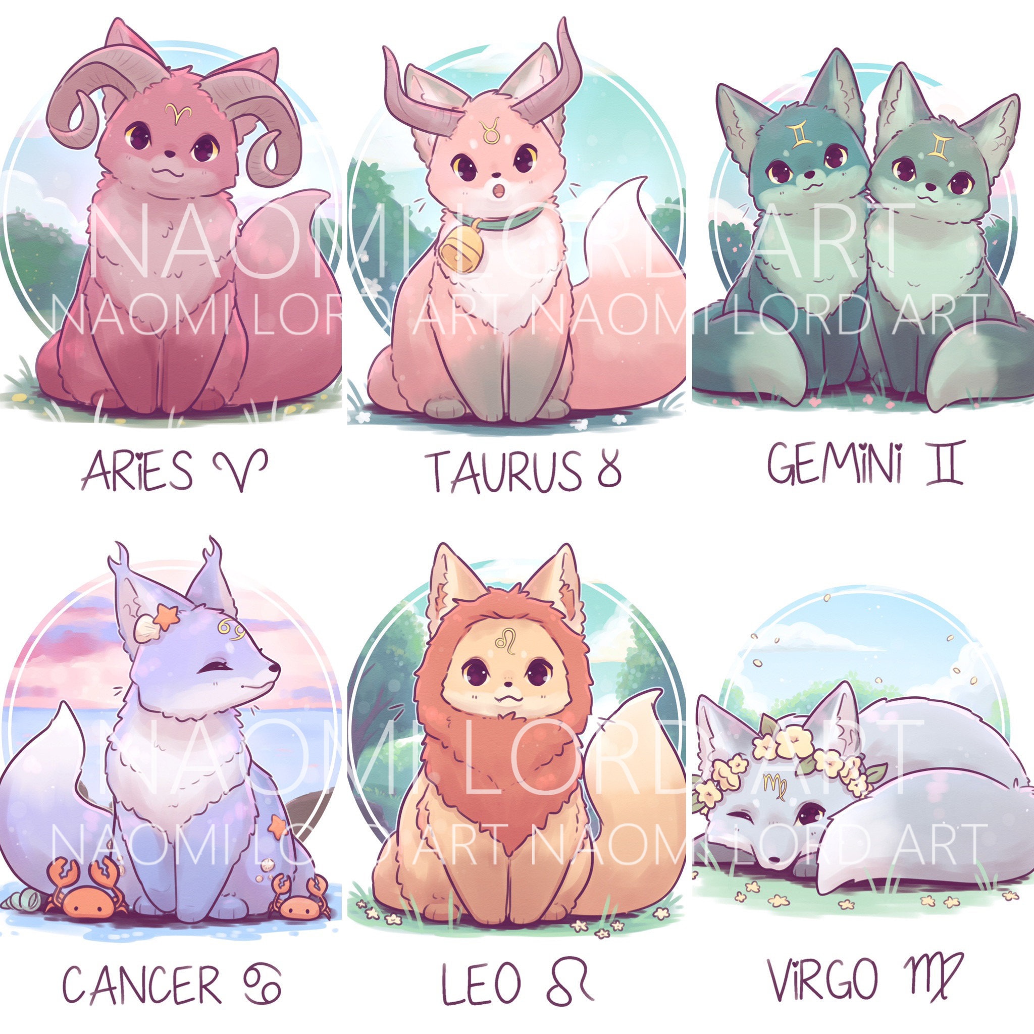 Zodiac Foxes! Stickers and/ or Prints (6x8"/A5 or 8x10"/A4)