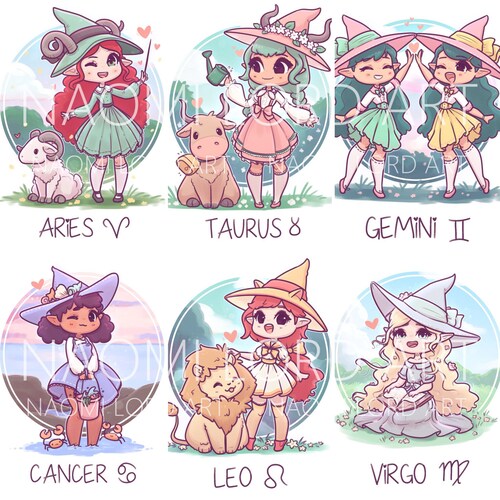 Kawaii Zodiac Witches Stickers And/or Prints 6x8/a5 or - Etsy