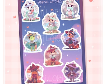 Cute Animal Witches, Vinyl Sticker Sheet (A5 / 6x8") Bunny, Cst, Fox, Frog, Red Panda, Deer, Bat