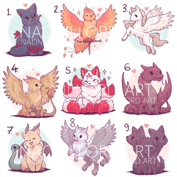 Cute Mythical Creatures! Stickers and/or Prints Part 1 (6x6" or 8x8" approx) Kitsune, Dragon, Phoenix, Griffon