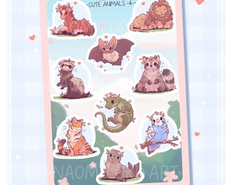 Cute Animals (Part 4), Vinyl Sticker Sheet (A5 / 6x8") bat, tiger, budgie, alligator, raccoon, ferret, seal, horse, lion
